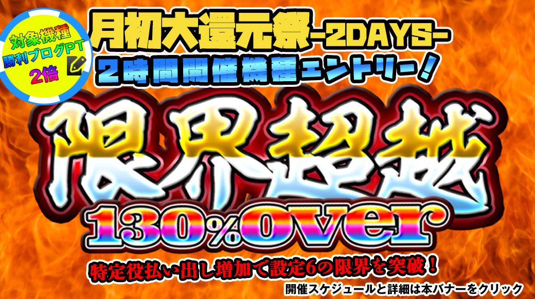 【設定6は130％over】月初大還元祭「限界超越」2時間機種エントリー！【勝利ブログ2倍】