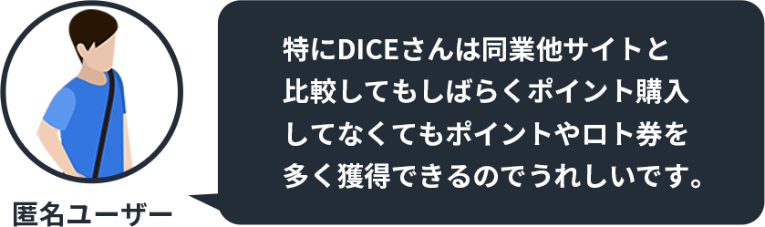 特にDICEさんは同業他サイトと 比較してもしばらくポイント購入 してなくてもポイントやロト券を 多く獲得できるのでうれしいです。 by 匿名ユーザー